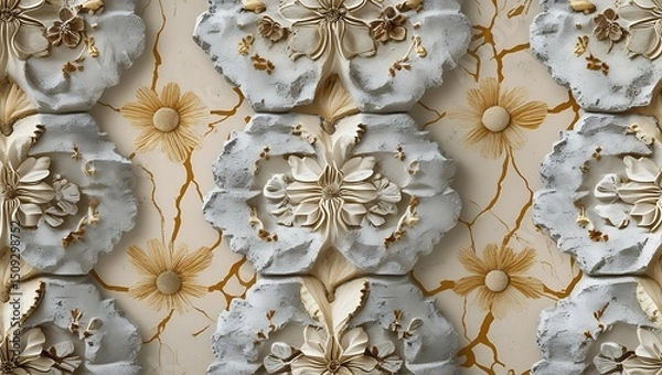 Fototapeta Intricate floral motif with stonework texture and golden accents for elegant design