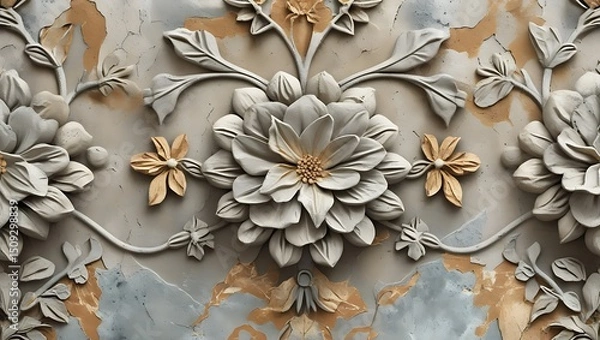 Fototapeta Intricate floral plasterwork with distressed textures and antique charm