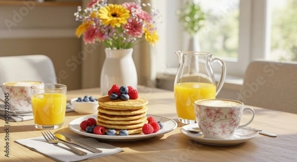Obraz Delicious pancakes topped with fresh berries served with orange juice and coffee