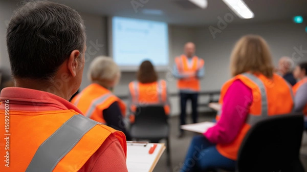 Fototapeta Group of workers wearing orange safety vests attending a training session or safety presentation in an industrial setting.
