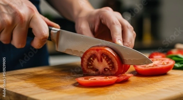 Obraz Slicing ripe tomato with chef's knife on wooden cutting board in kitchen