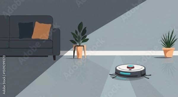 Obraz Automated cleaning: Robotic vacuum cleaner navigating a modern living space