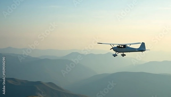 Fototapeta Light aircraft flying over hazy mountain ridges in atmospheric light