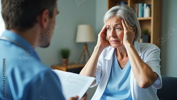 Fototapeta Senior woman consulting with a healthcare professional about memory concerns