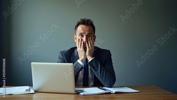 Fototapeta Stressed businessman in suit with laptop expressing disbelief and panic
