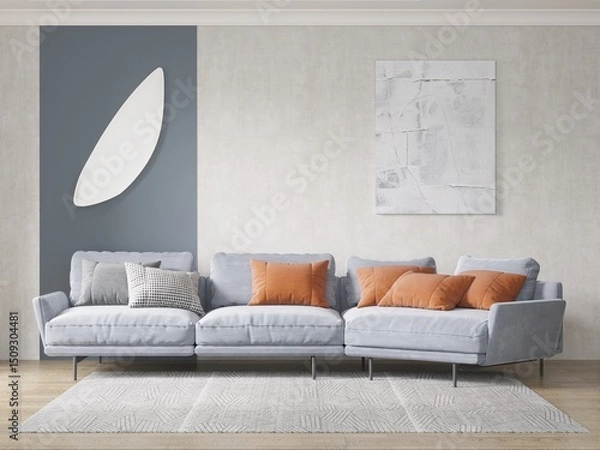 Fototapeta Mock up of a bright cozy living room with an exclusive corner sofa and a modern decorative background, 3D rendering.