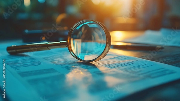 Obraz Magnifying Glass on Documents Reveals Details for Research Analysis Investigation Inspection Audit Scrutiny Examination