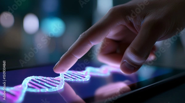 Fototapeta Close-up of a hand interacting with a glowing digital DNA strand on a touchscreen, symbolizing genetics and biotechnology.
