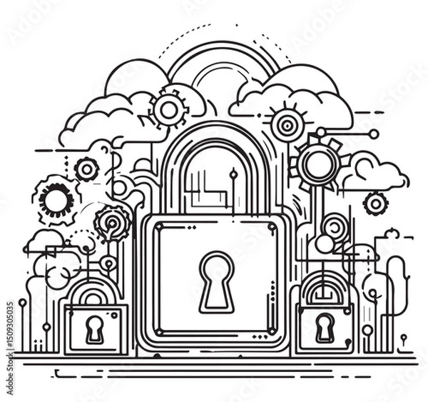 Fototapeta Abstract Line Art Illustration of Cloud Data Security and Cybersecurity with Digital Locks Gears