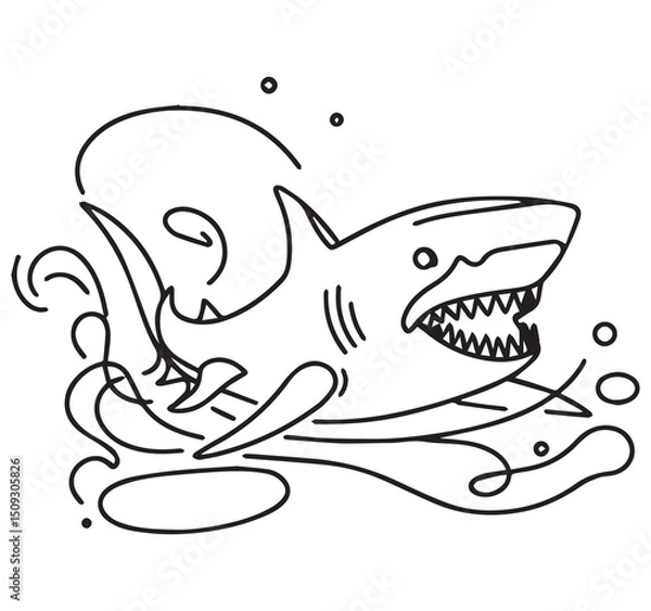 Fototapeta Dynamic Outline Drawing of a Great White Shark Swimming Through Ocean Waves Simple Black and White Line Art Style
