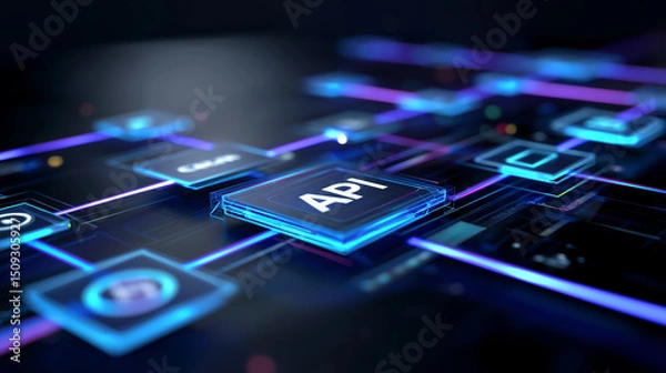 Fototapeta Futuristic digital interface with glowing API icons connected by lines, representing software integration and data exchange.
