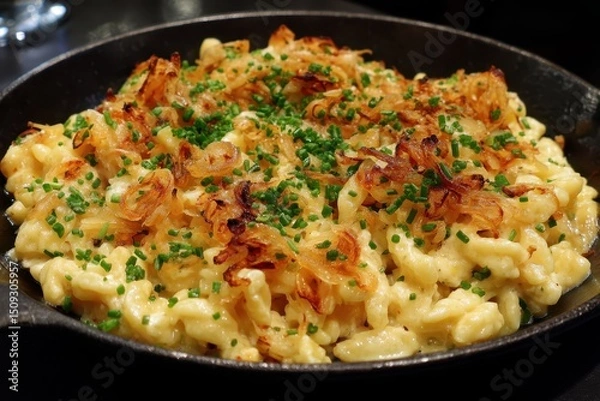 Fototapeta Käsespätzle mit Röstzwiebeln deutsches Gericht Allgäuer Spätzle Hausmannskost Käse Spezialität deftiges Essen Pfannengericht traditionelle Küche Alpenrezept Comfort Food Foodfotografie käsig herzhaft
