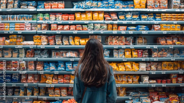 Obraz Woman standing in front of a fully stocked supermarket shelf filled with colorful snack packages.
