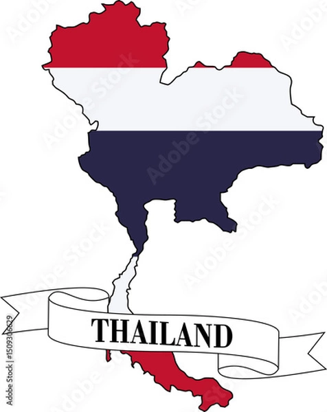Fototapeta The map of Thailand overlaid with the Thai flag and its name written on a ribbon