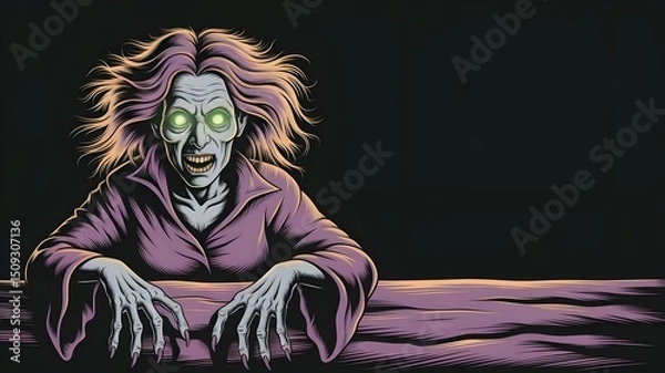 Fototapeta Scary witch with green shining eyes over a black background, free space for text, halloween wallpaper