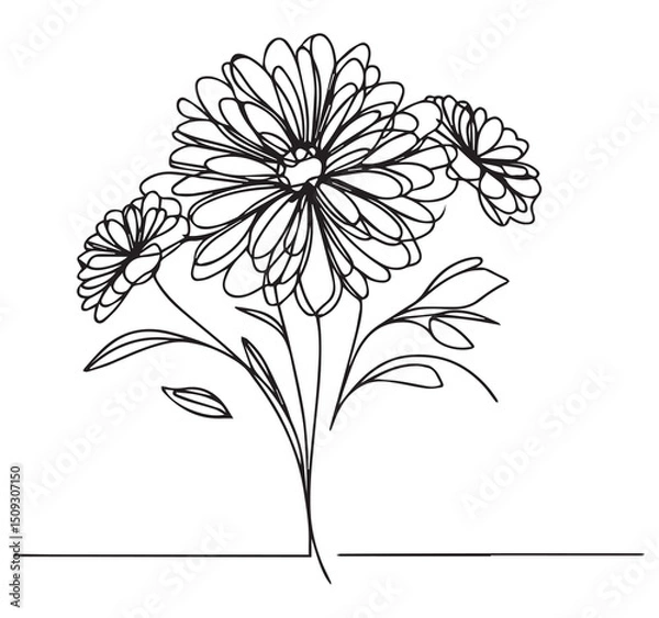 Fototapeta Elegant Continuous Single Line Art Drawing of Three Flowers and Leaves Minimalist Botanical Illustration