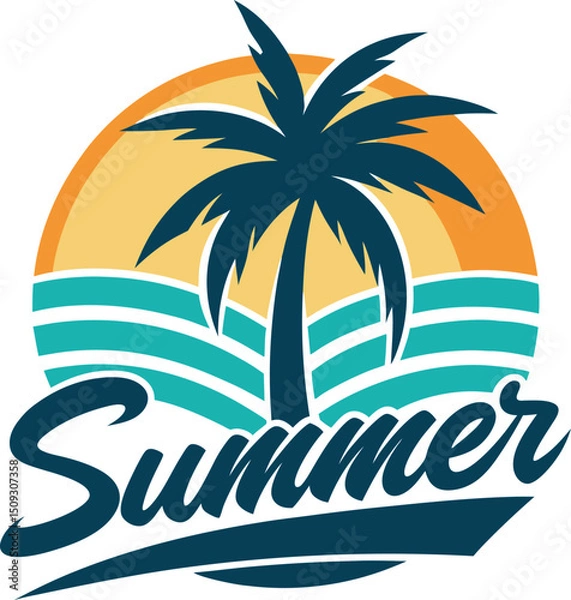 Fototapeta Poolside vacation logo with palm tree in sunny glow vector illustration
