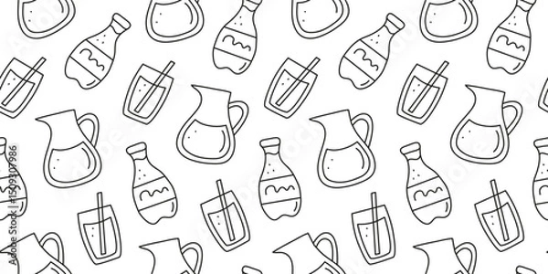 Obraz Black and white seamless pattern with doodle outline water drinks in bottles, jugs, glasses. Daily hydration.