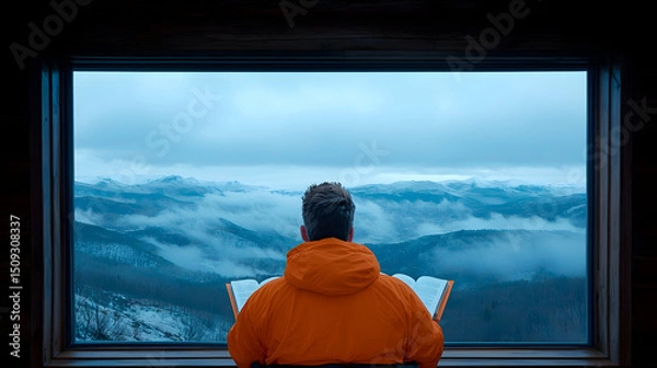 Fototapeta Man in Orange Jacket Contemplates Snowy Mountain View from Window