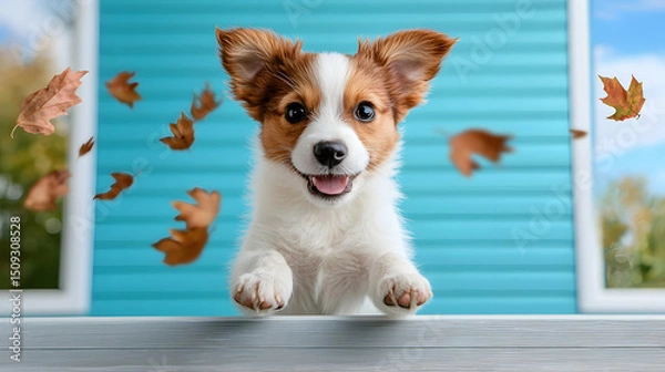 Fototapeta Happy Puppy Jumping Amidst Falling Autumn Leaves
