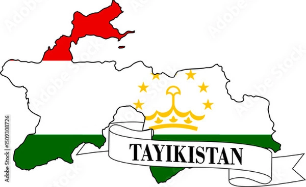 Fototapeta The map of Tajikistan overlaid with the flag of Tajikistan and its name written on a ribbon