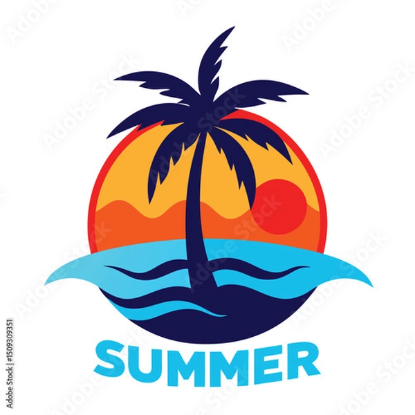 Fototapeta Island logo with palm tree on small tropical patch vector illustration