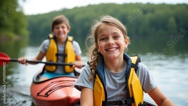 Fototapeta Joyful children paddling in a kayak on a tranquil lake adventure scene