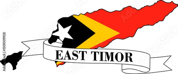 Obraz The map of East Timor overlaid with the flag of East Timor and its name written on a ribbon