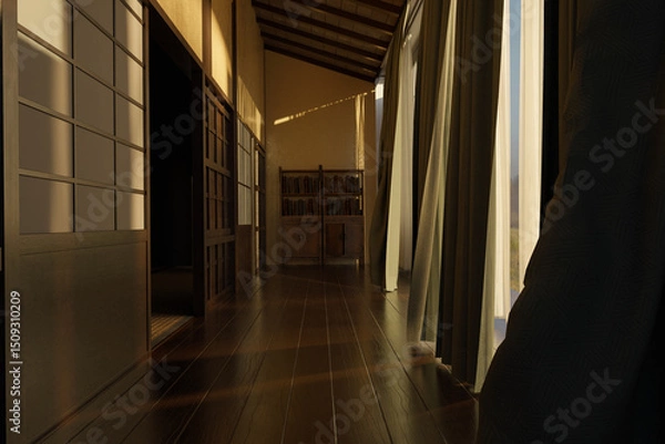 Fototapeta Japanese wooden corridor with shoji sliding doors in the evening sunlight. 3D Rendering