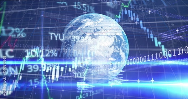 Fototapeta Image of globe and financial data processing