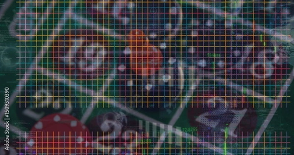 Fototapeta Displaying roulette wheel and betting table with chips, grid overlay in casino, with numeric data
