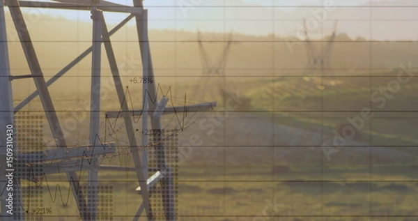 Obraz Image of data processing over modern building and pylons
