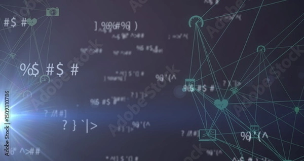 Fototapeta Multiple changing mathematical symbols and spot of light over two globes of digital icons spinning
