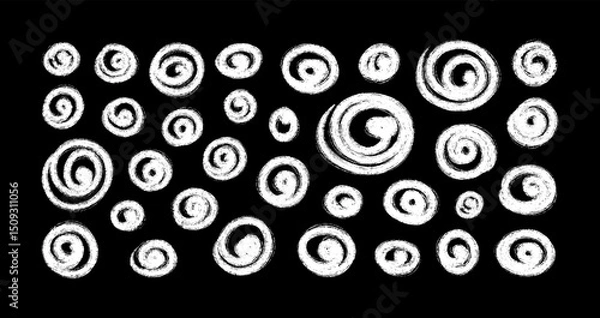 Obraz White Grunge Spiral Doodles on Black Background. Hand Drawn Swirl Elements. Perfect for modern edgy design, prints, album covers, posters, packaging