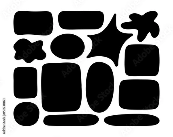 Obraz Abstract Hand Drawn Geometric Shapes Collection. Black Modern Design Elements, Includes ovals, rectangles, blobs, stars, and rounded forms. Perfect for contemporary graphic design, branding, web