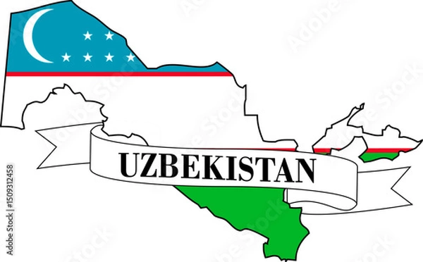 Obraz The map of Uzbekistan overlaid with the flag of Uzbekistan and its name written on a ribbon