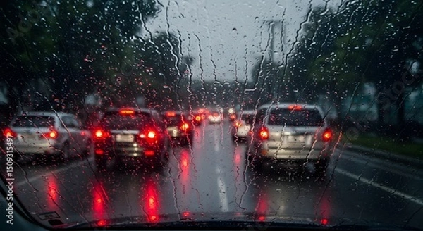 Obraz Rainy Day Traffic Through a Wet Windshield