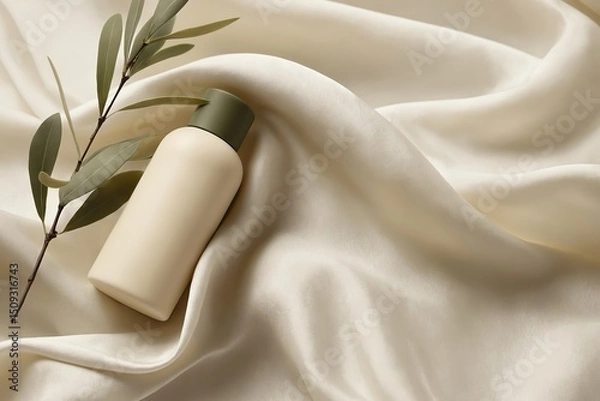Obraz Mockup of a lotion bottle on a silk sheet with plant branch