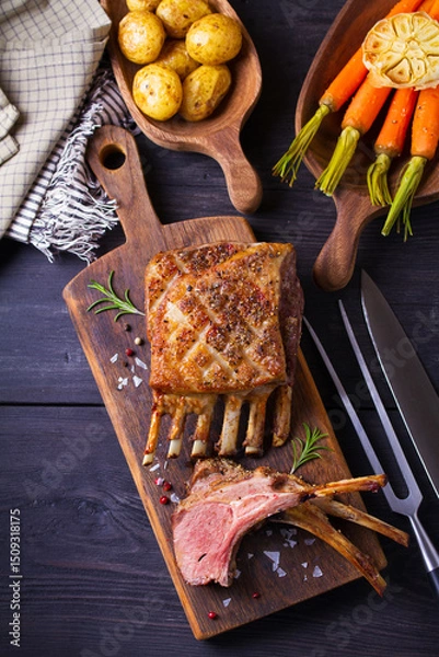 Fototapeta Roasted rack of lamb. Lamb chops on serving board and black wooden background. High angle view