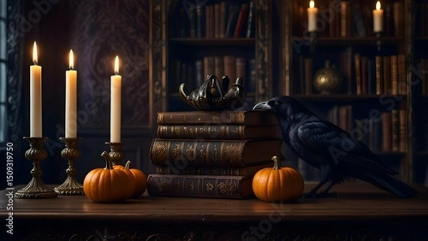 Fototapeta Gothic-themed Halloween still life with a dark purple pumpkin, ravens, and old spellbooks, softly illuminated by lanterns in an ornate baroque interior.