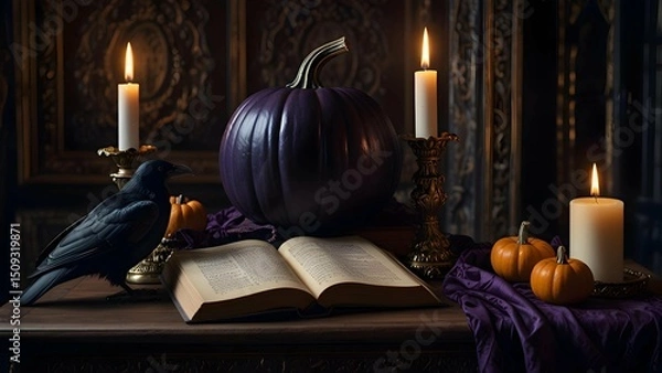 Fototapeta Gothic-themed Halloween still life with a dark purple pumpkin, ravens, and old spellbooks, softly illuminated by lanterns in an ornate baroque interior.