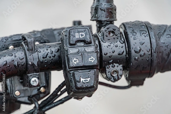 Fototapeta Close-up of wet postal electric bicycle handlebars, with brake lever and gear shift visible, under diffused lighting in outdoor setting