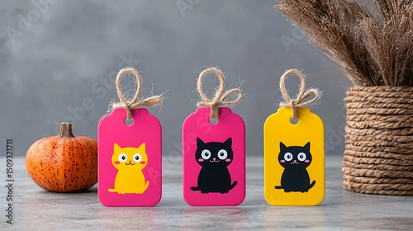 Fototapeta Three Cute Pixel Cat Gift Tags with Pumpkin and Wheat