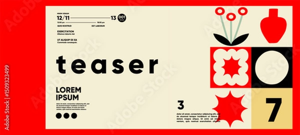 Fototapeta A bold teaser-style poster using stark red and black contrasts, modular retro icons, and abstract grid composition to evoke visual curiosity.