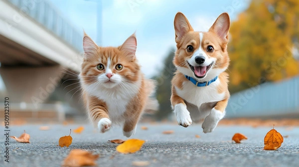 Fototapeta Ginger Cat and Corgi Running Joyfully on Autumn Street