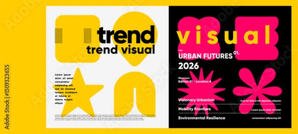 Obraz Bold trend visual poster with geometric icons, strong typographic contrasts, and vibrant hot pink elements creating a forward-looking aesthetic.