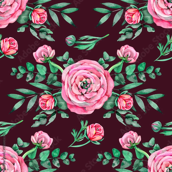 Fototapeta Ranunculus buttercup . Seamless floral pattern with pink flowers and Ranunculus buds. illustration isolated on a white background.