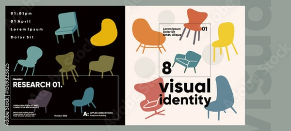 Obraz Visual identity research poster with mid-century style chairs in varied colors, exploring interior branding and conceptual design layout.