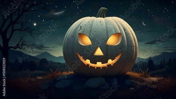 Fototapeta Elegant Halloween scene with a white pumpkin carved with celestial symbols, glowing gently under a starlit sky, Art Nouveau style illustration.