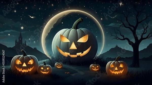 Fototapeta Elegant Halloween scene with a white pumpkin carved with celestial symbols, glowing gently under a starlit sky, Art Nouveau style illustration.